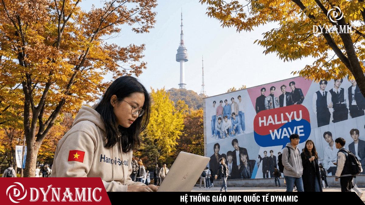 Hình ảnh minh họa: Sinh viên Việt Nam đang học tập tại khuôn viên đại học Seoul National University, với nền là tháp Namsan và biểu tượng Hallyu