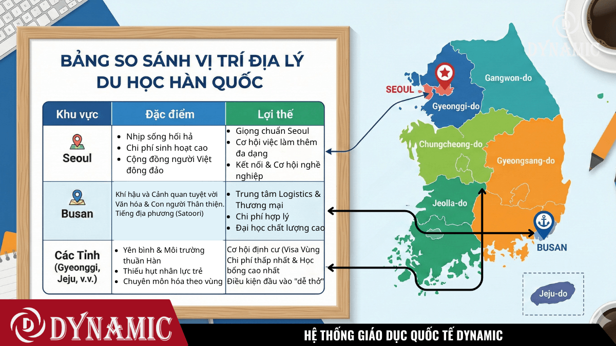 Hình ảnh minh họa: Bảng so sánh vị trí địa lý du học Hàn Quốc, với bản đồ Hàn Quốc đánh dấu Seoul, Busan và các tỉnh