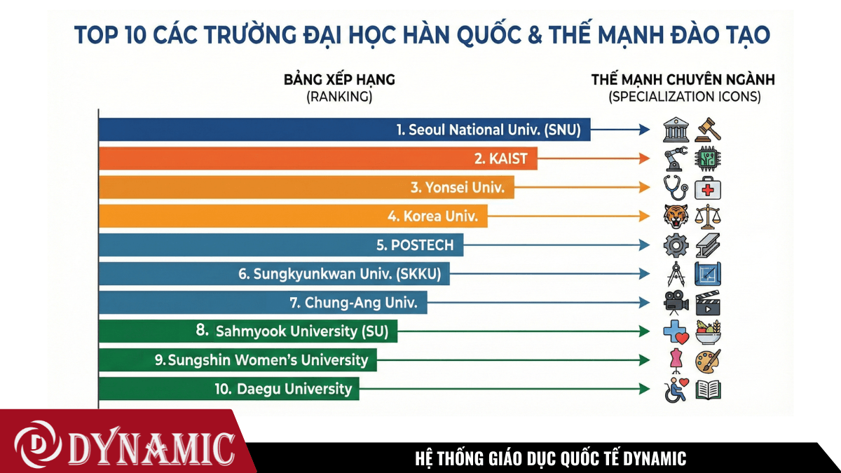 Hình ảnh minh họa: Infographic top 10 trường đại học Hàn Quốc với biểu đồ xếp hạng và biểu tượng chuyên ngành