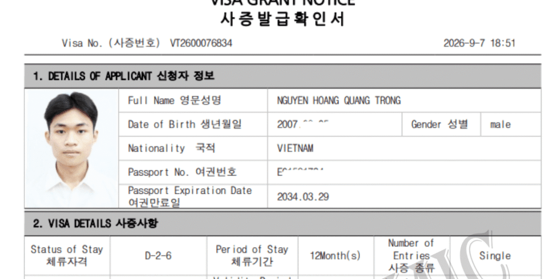Visa du học Hàn Quốc D2-6 của em Nguyễn Hoàng Quang Trọng