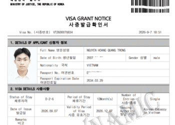 Visa du học Hàn Quốc D2-6 của em Nguyễn Hoàng Quang Trọng
