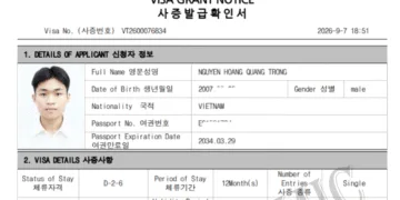 Visa du học Hàn Quốc D2-6 của em Nguyễn Hoàng Quang Trọng