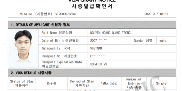 Visa du học Hàn Quốc D2-6 của em Nguyễn Hoàng Quang Trọng