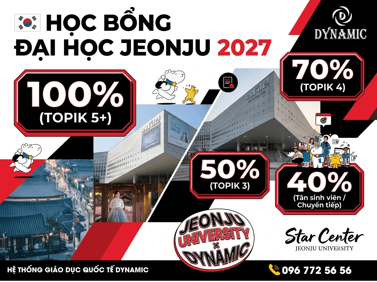 Poster Thông Tin Học Bổng Đại Học Jeonju 2027 – Dynamic Global