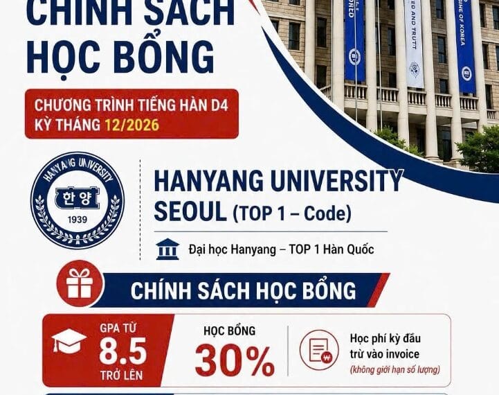 Học bổng Đại học Hanyang Top 1 (한양대학교 – Hanyang University) kỳ tuyển sinh 2026 – 2027)
